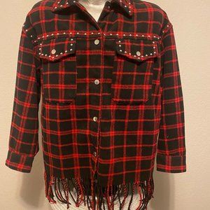 Zara Jacket Plaid Black/Red Fringe Oversized Shacket Shirt Studs Size S